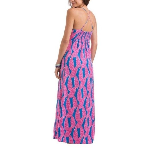 Vineyard Vines Palm Print Maxi Dress Sz 8 Blue Pink Strappy Tropical Boho Summer - Picture 2 of 14